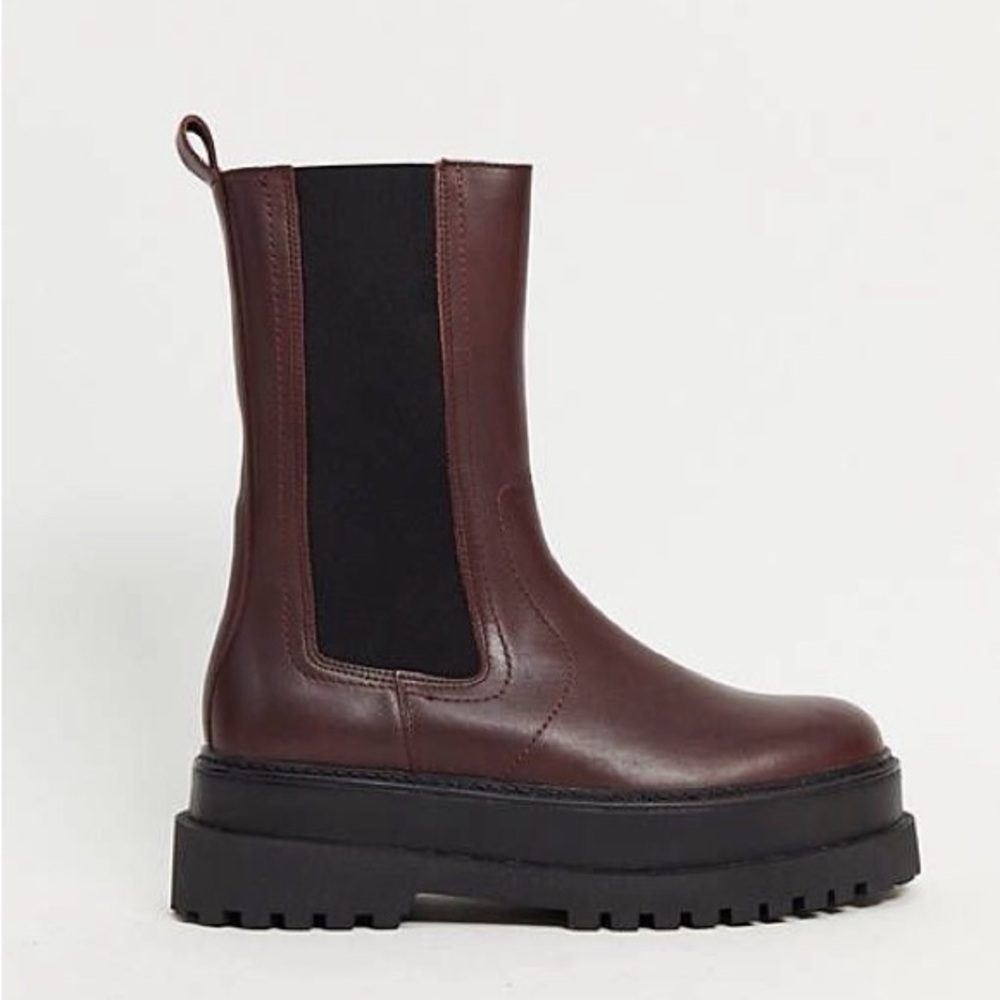 Mango platform burgundy leather Chelsea lug sole boots size 6.5 / 37